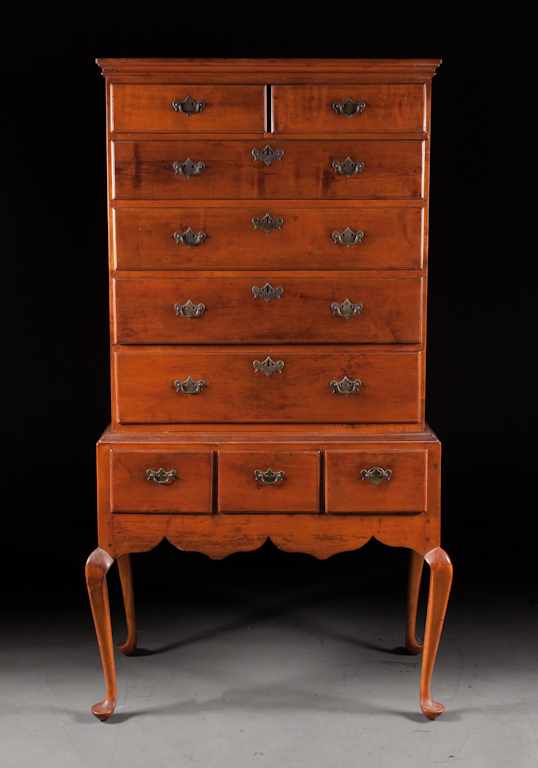 Appraisal: Queen Anne maple flat-top highboy Massachusetts top section with molded