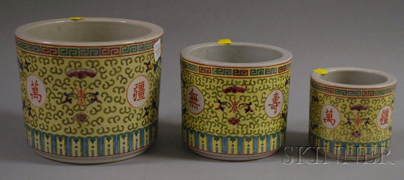 Appraisal: Three Chinese Porcelain Brush Pots graduated in size yellow with