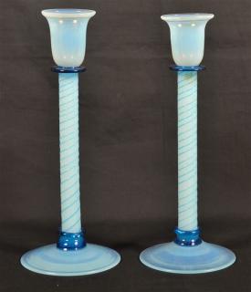 Appraisal: Pair of Fry Blue Opalescent Art Glass Candlesticks Pair of