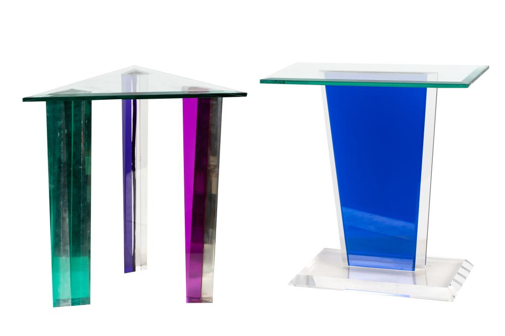 Appraisal: TWO ASSORTED COLORED RESIN GLASS SIDE TABLESthe first with triangular