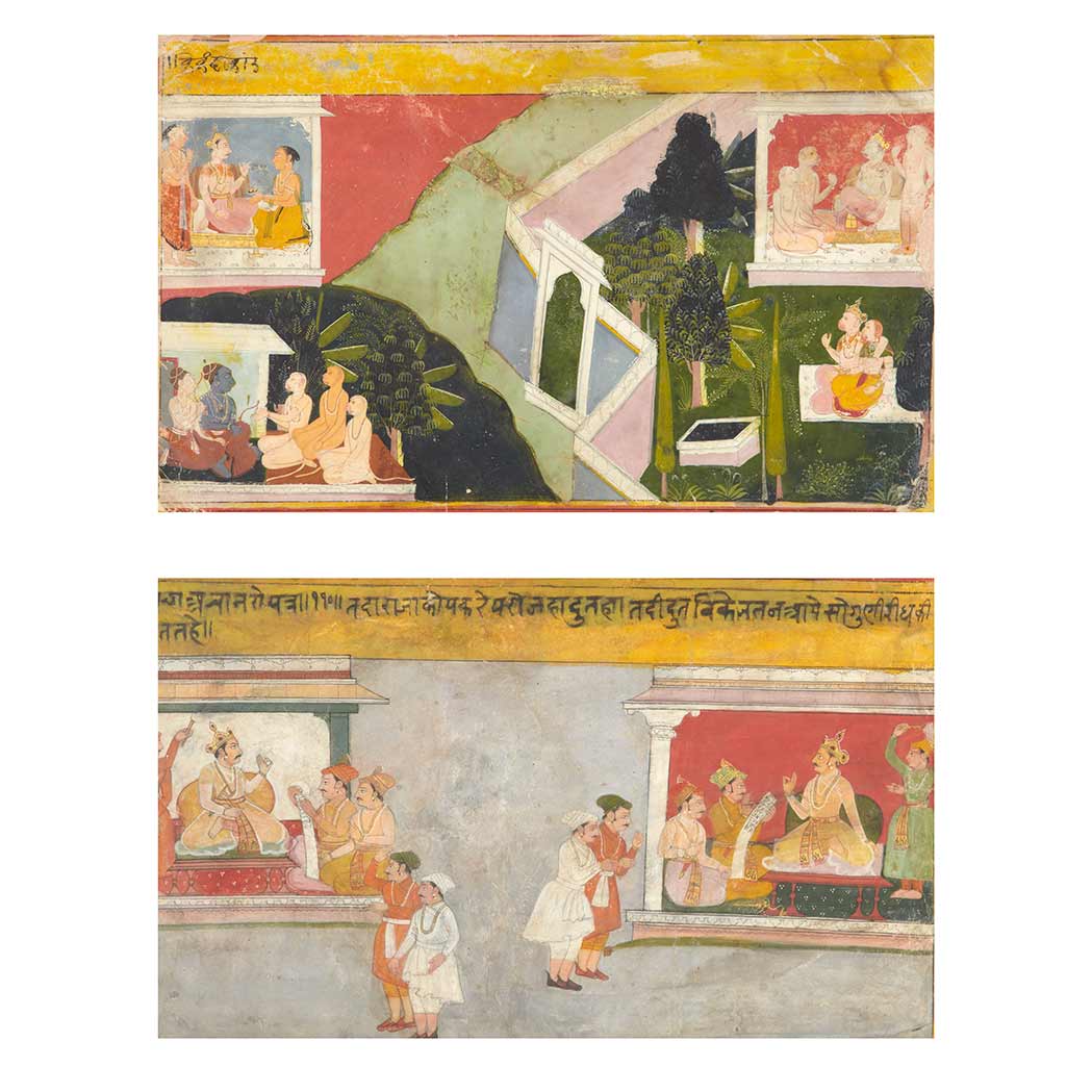 Appraisal: Two Indian Paintings Figures in landscape and interior settings Gouache