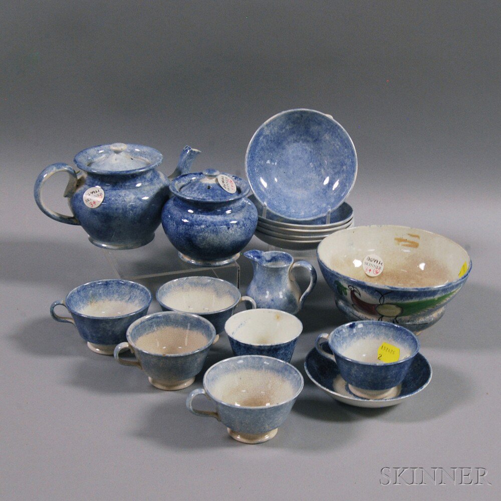 Appraisal: Sixteen Blue Spatterware Pottery Items England th century including a