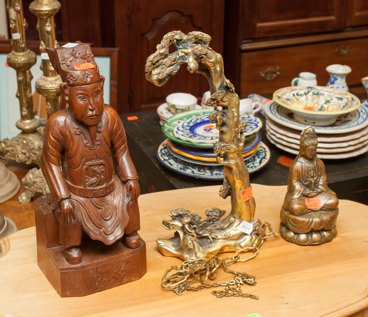 Appraisal: Three oriental items including metal monkey tree bronze religious figure