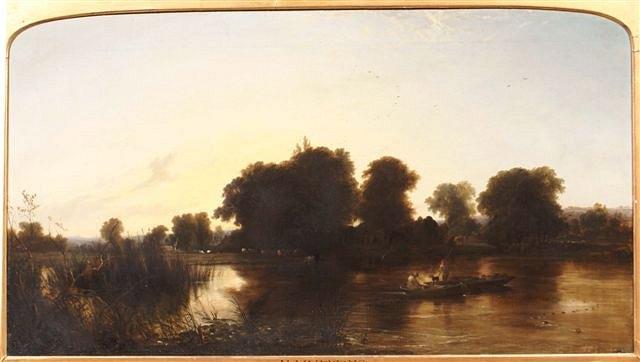 Appraisal: GEORGE AUGUSTUS WILLIAMS - - A river landscape at sunset