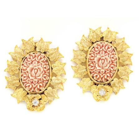 Appraisal: Pair of Gold Carved Coral and Diamond Flower Earclips Estimate