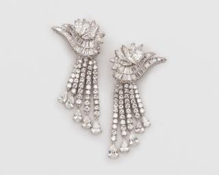 Appraisal: Platinum and Diamond Ear Pendants PLATINUM AND DIAMOND EAR PENDANTSthe