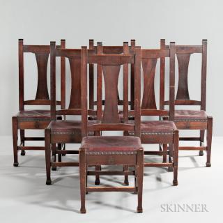 Appraisal: Six Roycroft Dining Chairs Mahogany leather East Aurora New York