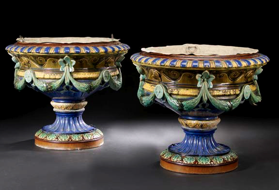 Appraisal: Large Pair of Continental Majolica Footed Basins third quarter th