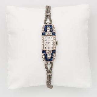 Appraisal: MARCUS CO Platinum Diamond and Sapphire Wristwatch MARCUS CO Platinum