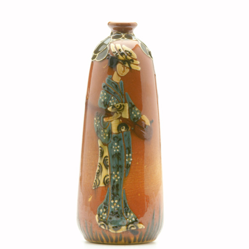 Appraisal: WELLER JAP BIRDIMAL Bottle-shaped vase squeezebag-decorated with a geisha against