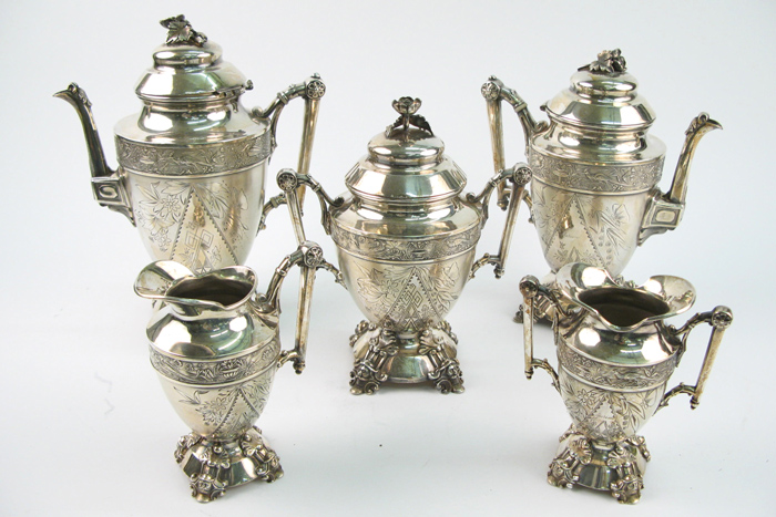 Appraisal: FIVE PIECE AMERICAN VICTORIAN COFFEE AND TEA SERVICE by Simpson