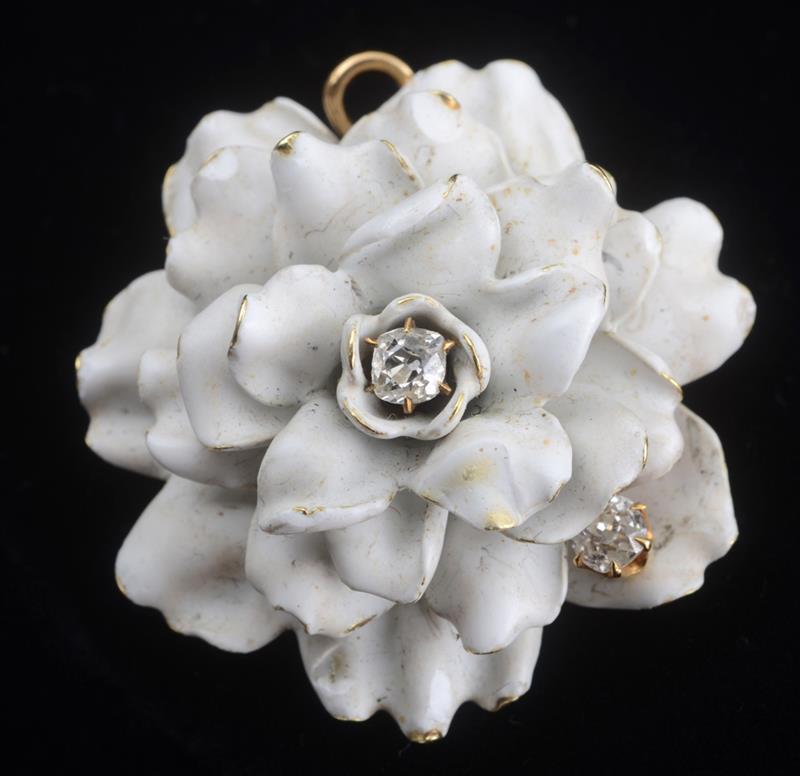 Appraisal: White Enamel and Diamond Camellia Pendant-Brooch k gold mounting with