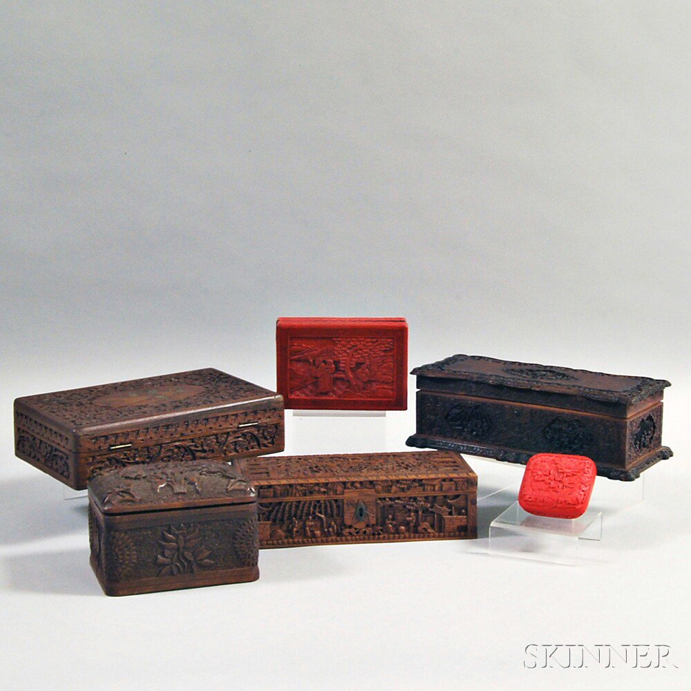 Appraisal: Six Asian Carved Boxes four wood and two faux cinnabar