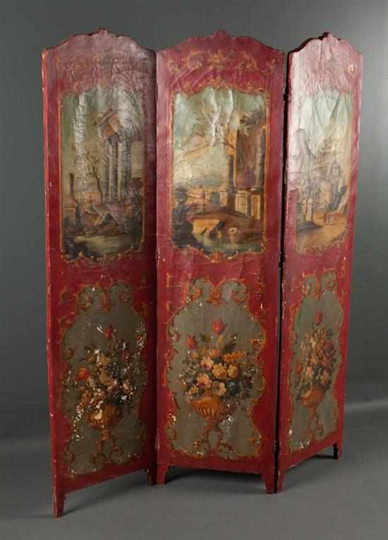 Appraisal: Continental painted wood and canvas three-panel screen th century each