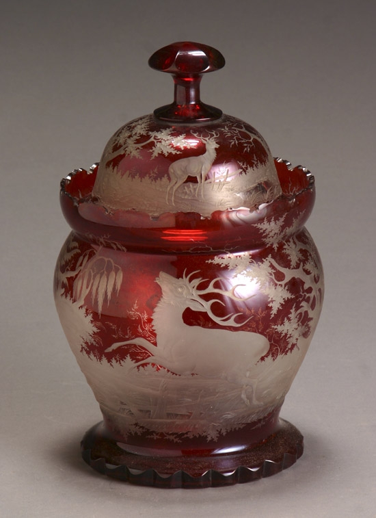 Appraisal: Bohemian Ruby Red Flash and Etched Glass Punch Bowl Circa