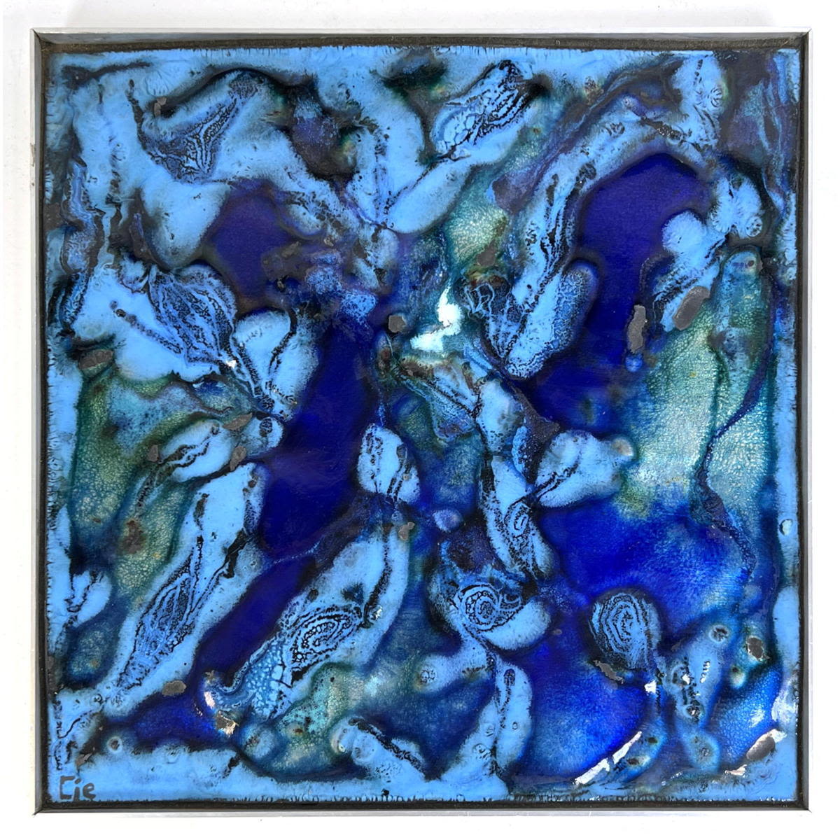 Appraisal: CIE Framed enamel on copper square plaque abstract signed Dimensions