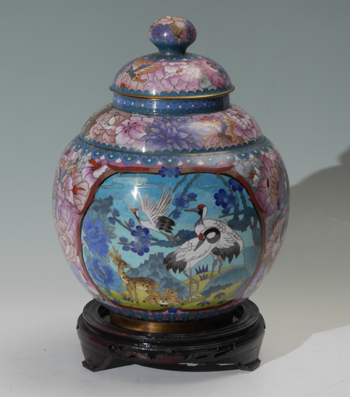 Appraisal: CHINESE CRANE MOTIF CLOISONNE COVERED JAR Body decorated with chrysanthemum