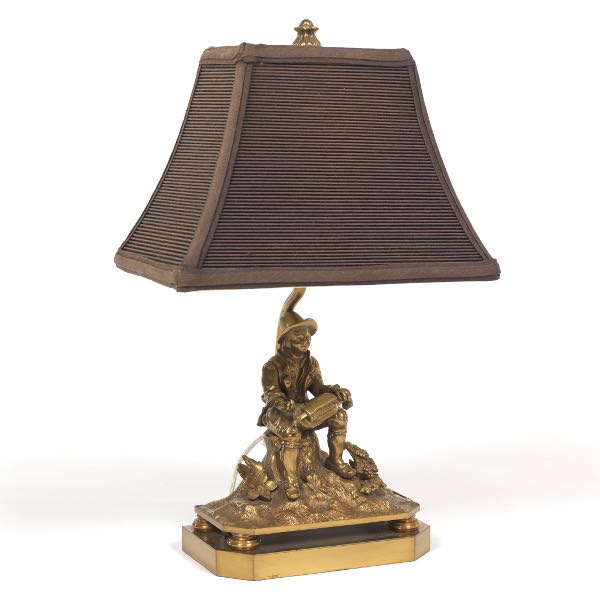 Appraisal: PATINATED BRONZE FIGURAL BOUDOIR LAMP WITH SILK SHADE overall x