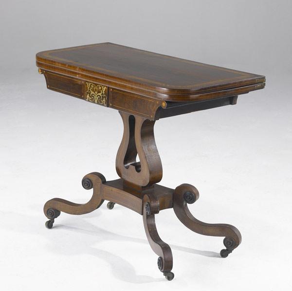 Appraisal: REGENCY CARD TABLE Rosewood with satinwood crossbanding and brass inlay