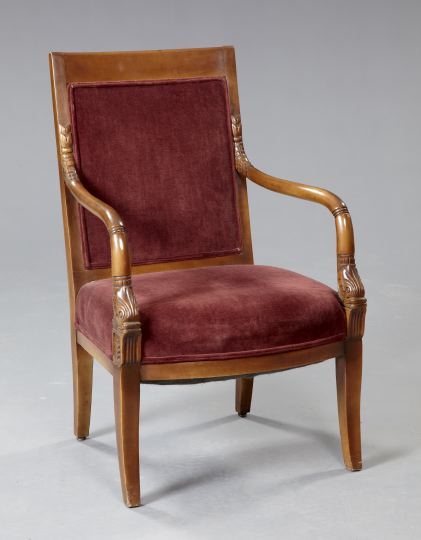 Appraisal: Restauration-Style Mahogany Fauteuil early th century the padded rectangular back