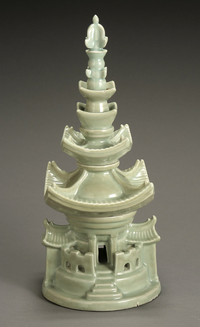 Appraisal: Chinese Celadon Glazed Pagoda-Form Censor th Century In four sections