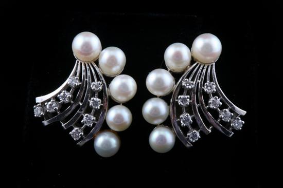 Appraisal: PAIR K WHITE GOLD DIAMOND AND PEARL EAR CLIPS Each