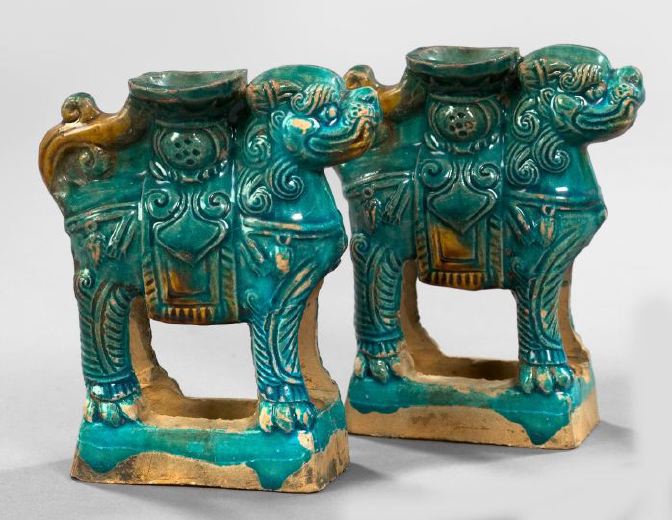 Appraisal: Pair of Tao Kuang Turquoise-Glazed Pottery Joss Stick Holders second