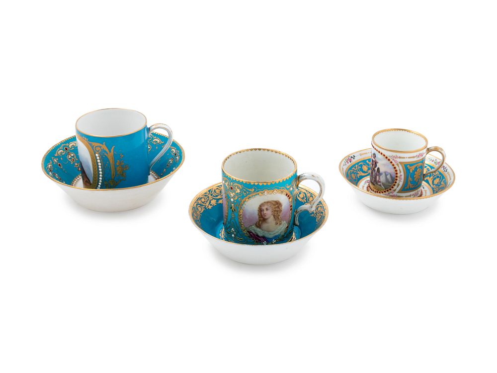 Appraisal: Three Sevres Painted Parcel Gilt and Jeweled Celeste Blue-Ground Porcelain