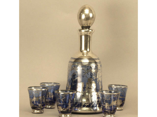 Appraisal: Silver overlaid on blue glass liquor set including the decanter