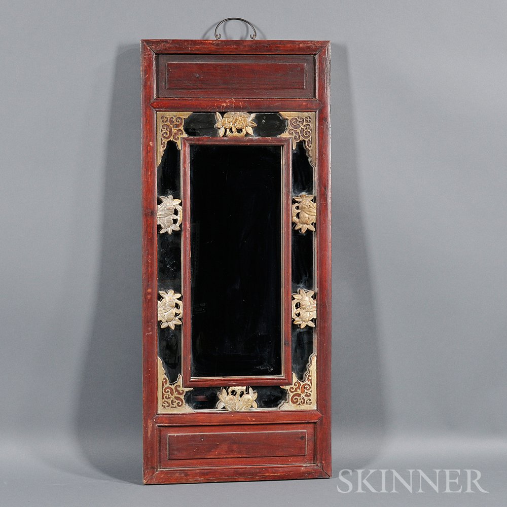 Appraisal: Carved Wood Mirror China a panel with carved and gilt