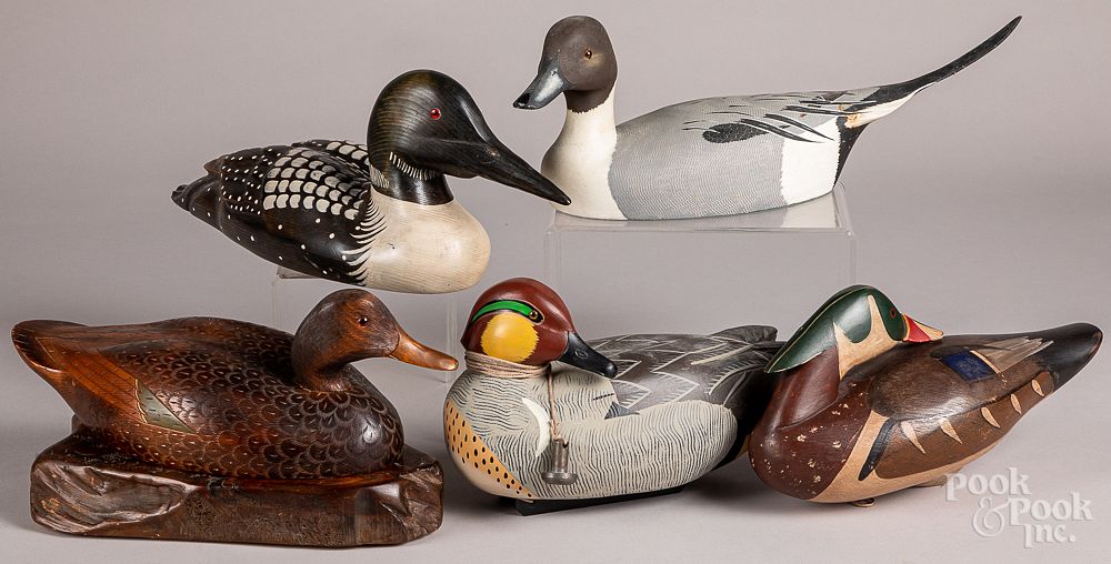 Appraisal: Five carved and painted duck decoys Five carved and painted