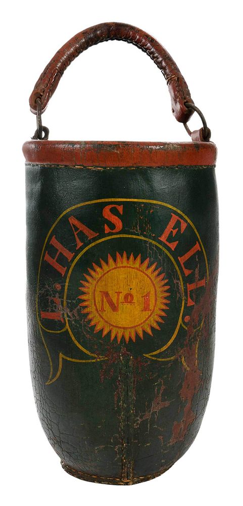 Appraisal: American Paint Decorated Leather Fire Bucket attributed to Massachusetts late