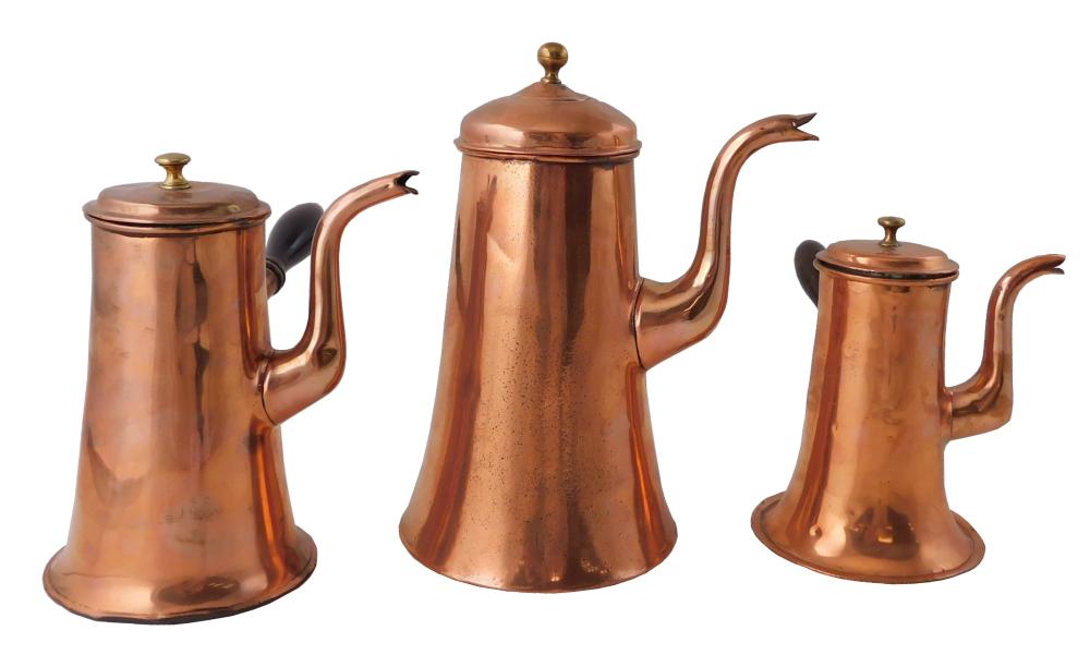 Appraisal: Three English Georgian period copper coffee chocolate pots late th