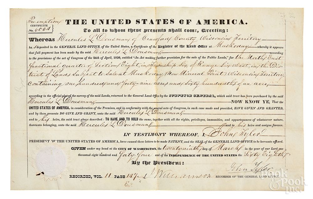 Appraisal: John Tyler vellum document signed as president John Tyler signed