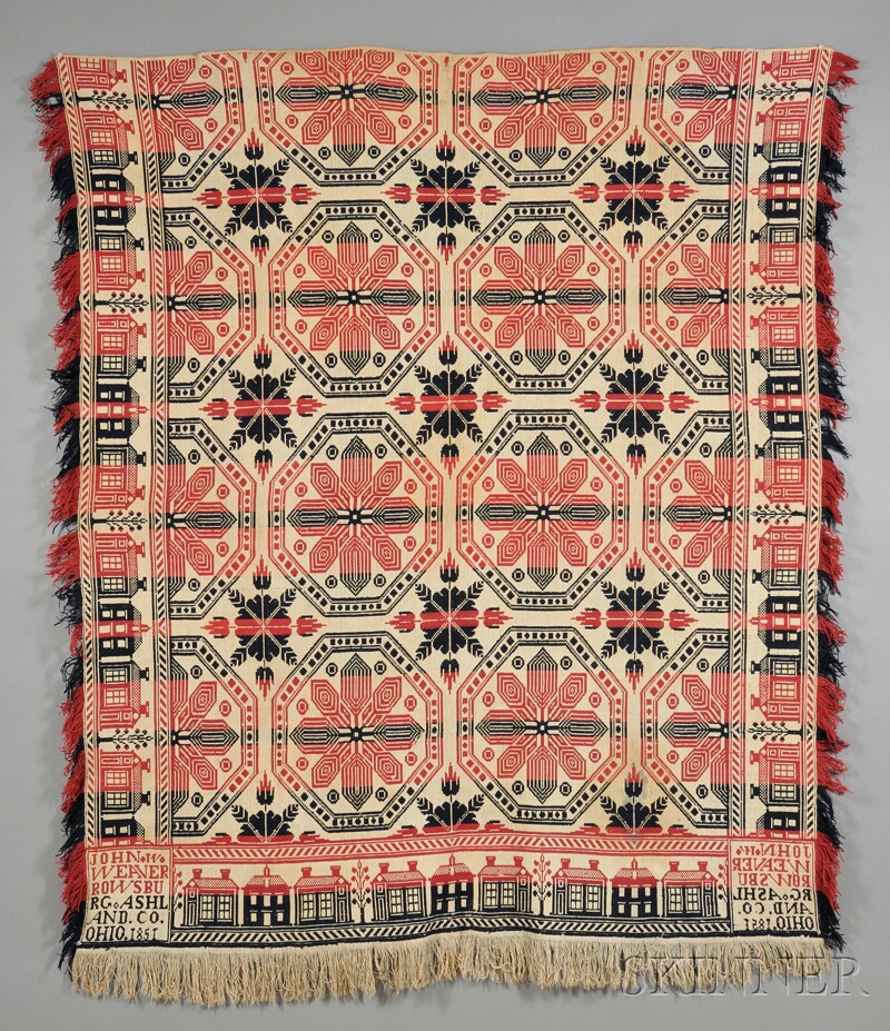 Appraisal: Three-color Woven Wool and Cotton Biederwand Coverlet John Weaver b