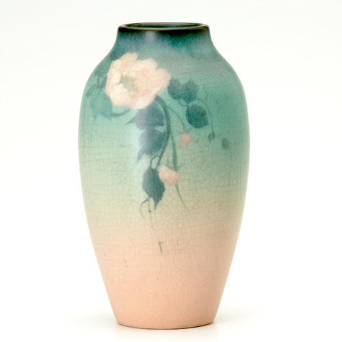 Appraisal: ROOKWOOD Vellum vase by Fred Rothenbusch with pink roses Flame