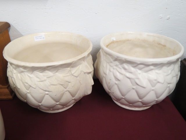 Appraisal: Pair of McCoy Pottery Jardinieres white vine puffy quilted design