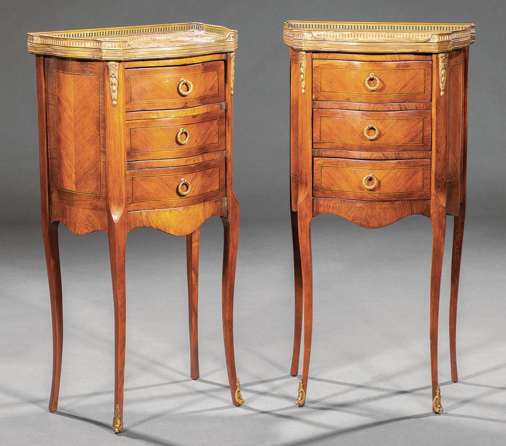 Appraisal: Pair of Louis XV-Style Bronze-Mounted and Inlaid Petite Commodes th