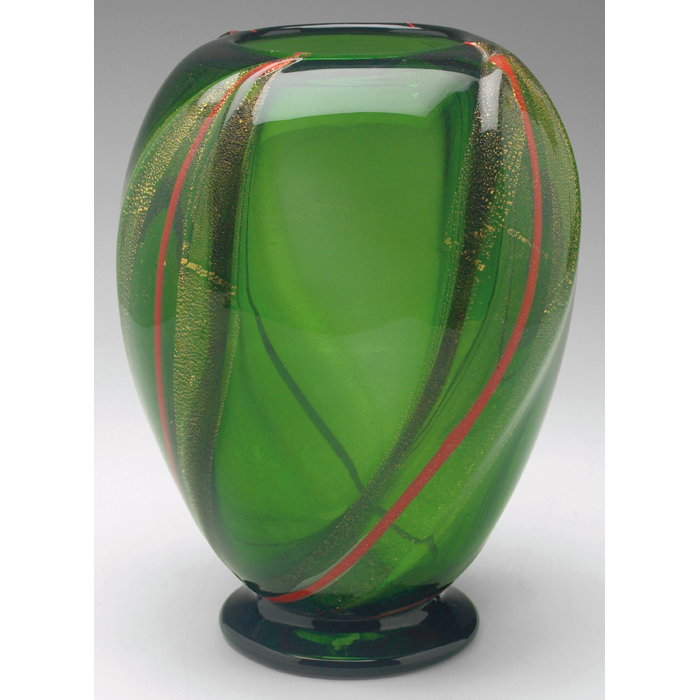 Appraisal: Barovier vase attribution bulbous footedform in green glass withdiagonal bands