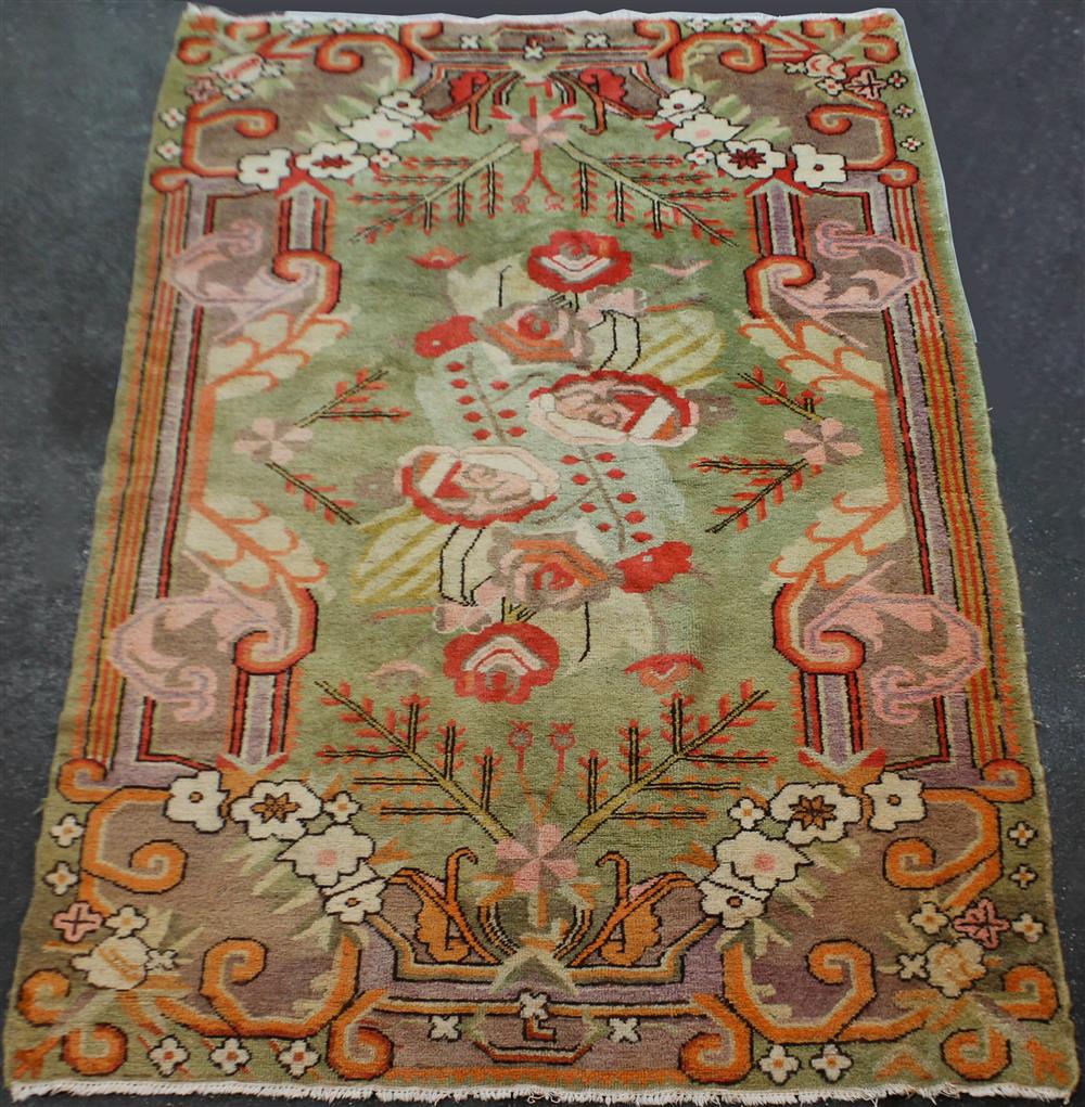 Appraisal: UNUSUAL ART DECO FLORAL ABSTRACT WOOL RUG having central field