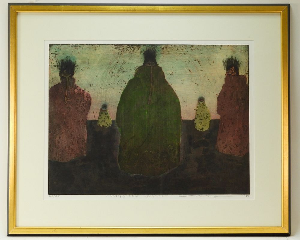 Appraisal: Modern Figurative Abstract Haystack Figure Etching th Century Titled Haystack