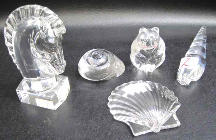 Appraisal: FIVE STEUBEN CRYSTAL FIGURINES horse head ''H shell ''H with