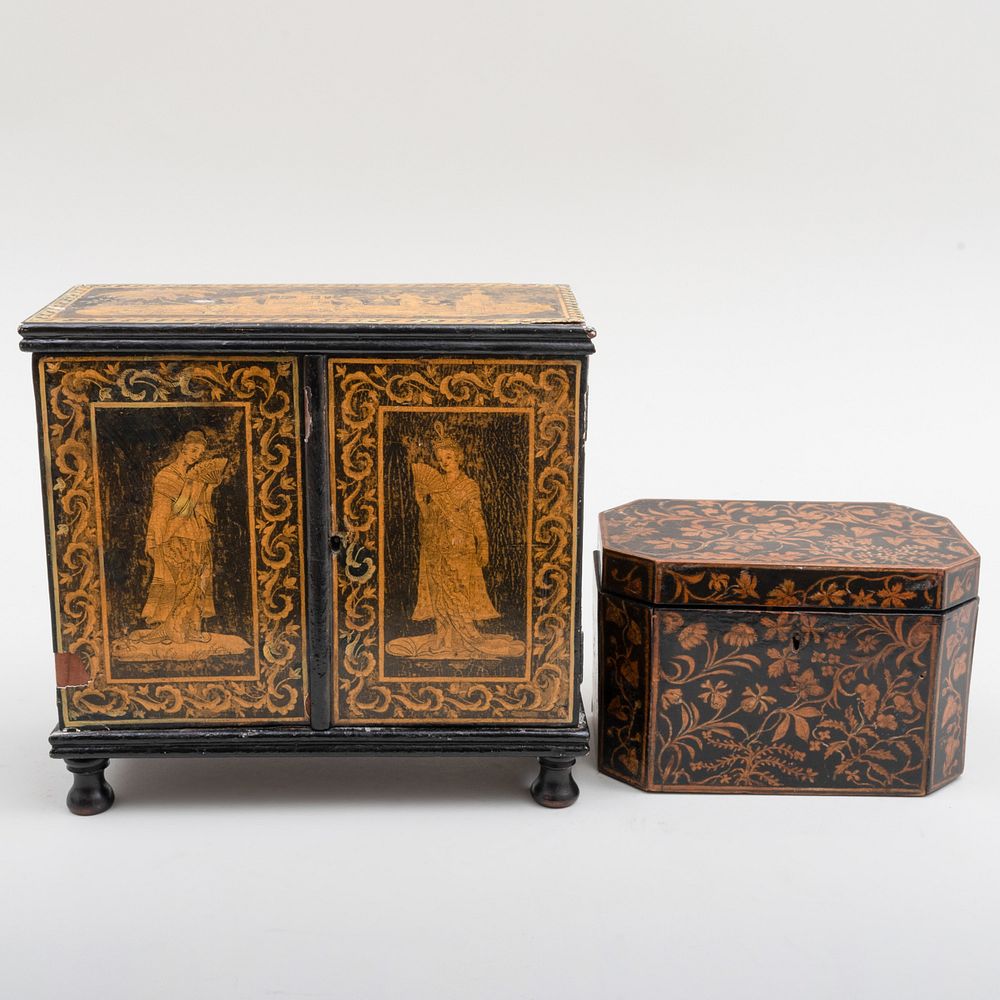 Appraisal: Two English Penwork Objects The first a tea caddy decorated