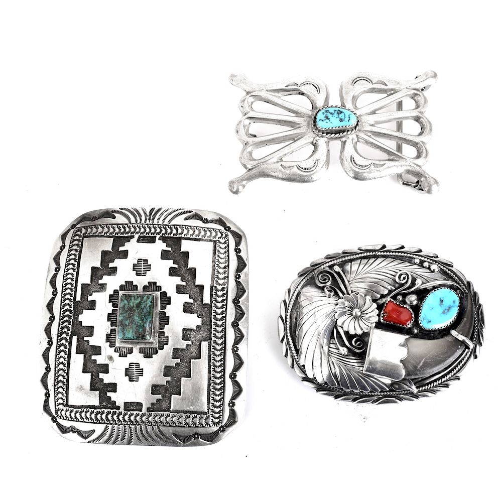 Appraisal: Three Vintage Silver Turquoise Belt Buckles Three Vintage American Southwest