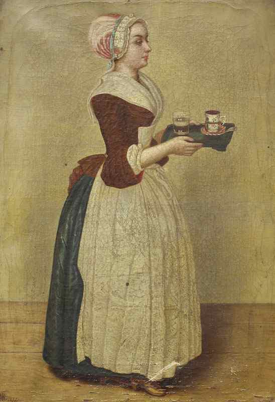 Appraisal: TH OIL CANVAS PORTRAIT OF YOUNG FEMALE SERVANT BRINGING TEA