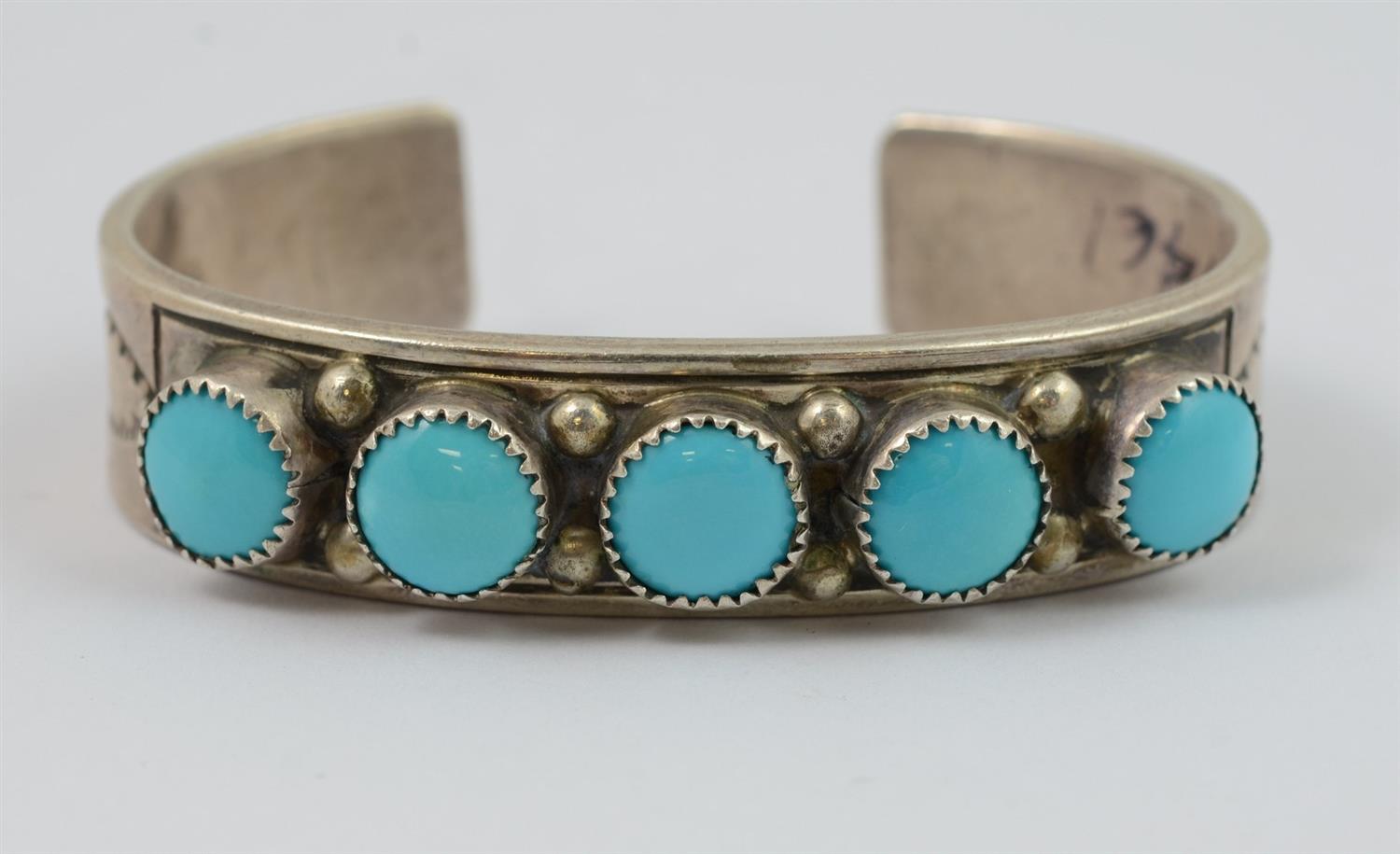 Appraisal: Navajo sterling stampwork cuff bracelet with turquoise stones s w