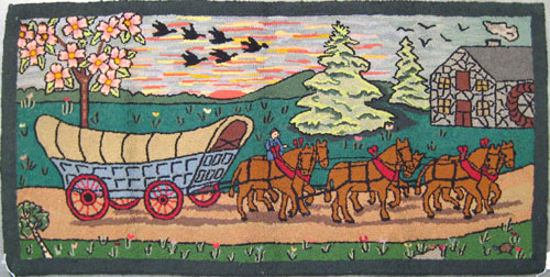 Appraisal: American hooked rug with horsedrawn wagon x