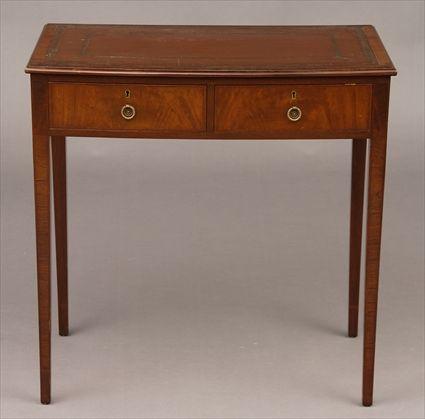 Appraisal: GEORGE III-STYLE INLAID MAHOGANY BOWFRONT SIDE TABLE The tooled brown