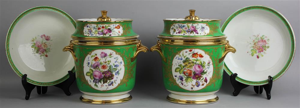 Appraisal: TWO PARIS PORCELAIN GREEN-GROUND ICE PAILS COVERS LINERS AND TWO