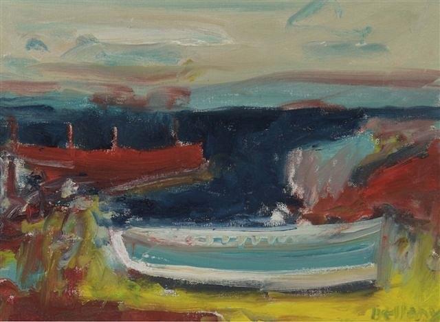 Appraisal: JOHN BELLANY b - A coastal inlet with moored rowing